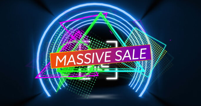Displaying MASSIVE SALE banner on virtual stage, with glowing neon geometric shapes