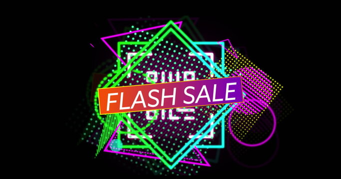 Fototapeta Showing banner with FLASH SALE text amid neon shapes on black backdrop, with halftone dots