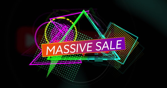Displaying gradient banner highlighting MASSIVE SALE text in abstract design, with neon shapes