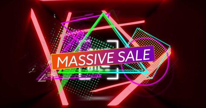 Displaying neon-framed MASSIVE SALE text glowing on digital banner, with neon geometric shapes