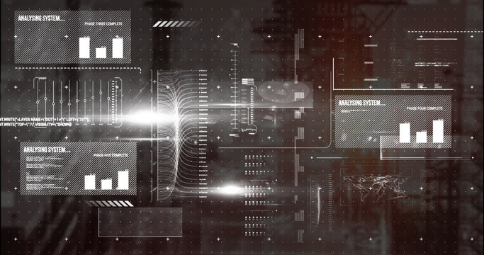 Displaying data panel showing bar charts, code snippets and vertical data flow in virtual dashboard - Powered by Adobe