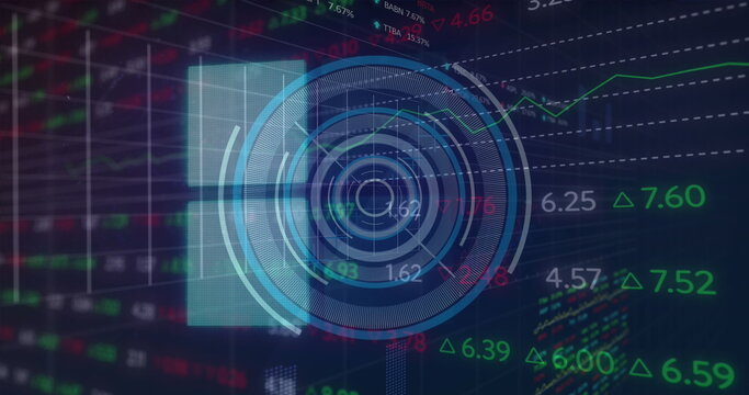Displaying circular data HUD overlay on finance screen, with stock ticker symbols and line graph