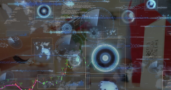 Businessman scanning QR code tent card in coffee shop, with smartphone and holographic interfaces