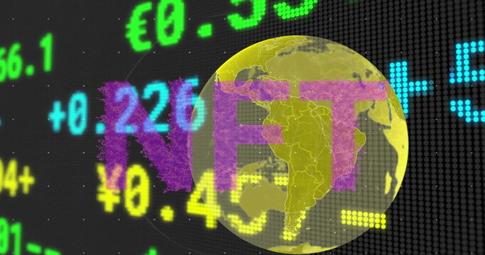 Displaying large pink NFT letters over yellow globe on digital display, with scrolling tickers
