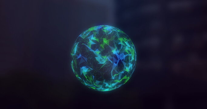 Floating digital sphere pulsing in virtual space, with glowing network nodes and connecting lines