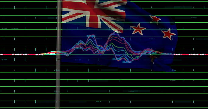 Naklejki Waving New Zealand flag on silver pole with green gridlines and multicolored line graph, copy space