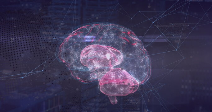 Floating holographic brain model showing neural pathways in data interface, with network nodes
