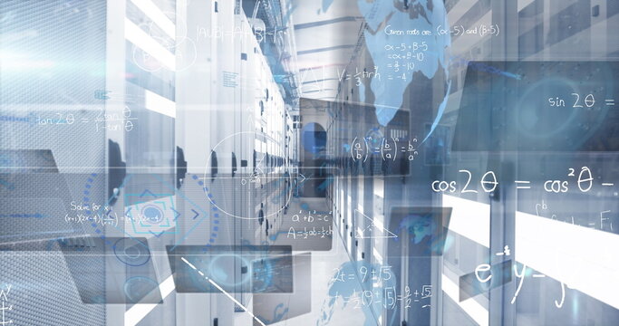 Displaying server racks in data center, with holographic math equations and world map overlay