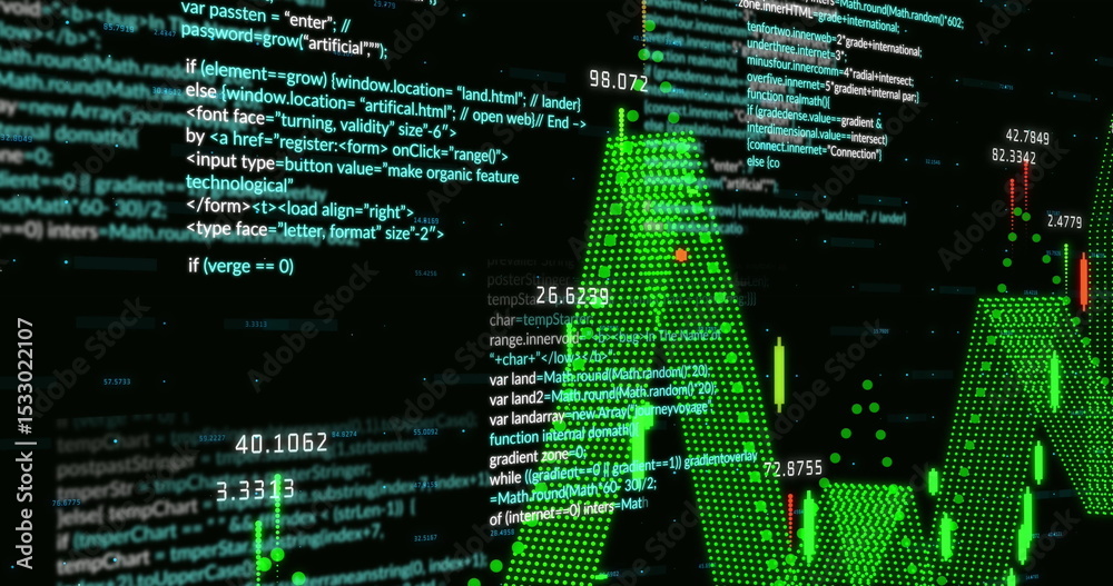 Poster displaying code on left screen beside 3d green bar chart with numeric labels, copy space