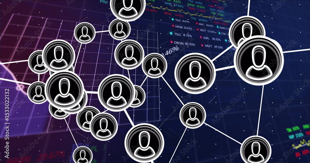 Poster displaying network visualization connecting user icons over digital grid, with market data overlay