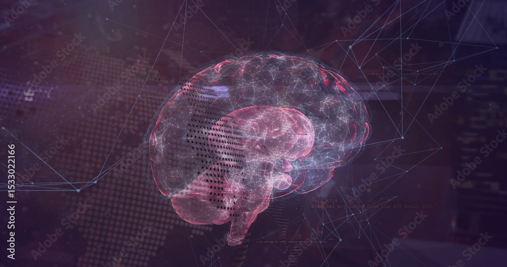 Poster floating holographic brain model showing glowing pathways and nodes in virtual scene with world map