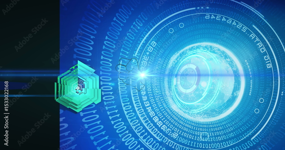 Poster concentric hud interface radiating binary code in virtual environment, with 3d hexagon, copy space