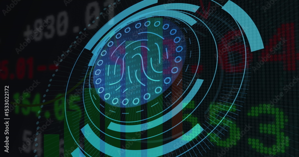 Poster displaying fingerprint icon circulating within concentric rings on dark grid, with green-red data
