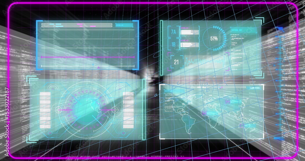Poster displaying four holographic panels floating over 3d grid, with data streams and magenta frame