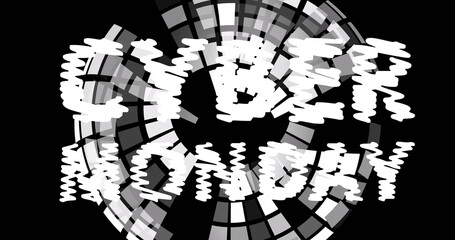 Featuring stylized CYBER MONDAY text over circular gray white pixel mosaic backdrop, digital design