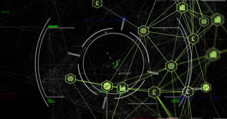 Displaying circular HUD interface over virtual network, featuring neon green icons, currency charts