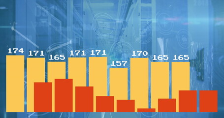 Bar chart overlaying server racks in data center, with yellow and red bars and HUD icons