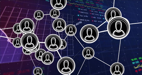 Displaying network visualization connecting user icons over digital grid, with market data overlay