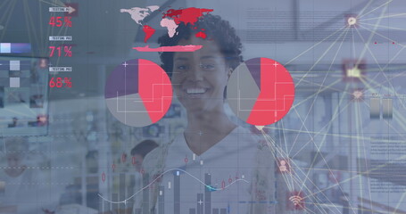 Showing data analyst wearing floral blouse in office, displaying pie chart and line graph overlays