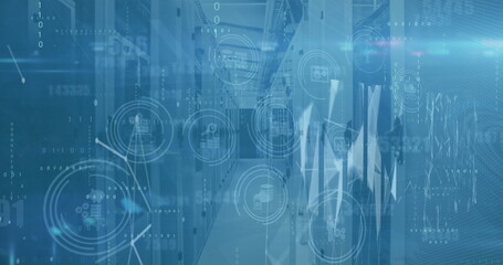 Illuminating corridor flanked by server cabinets glowing with LEDs in data center, with overlays