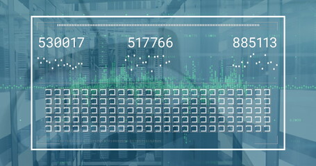 Displaying translucent digital overlay visualizing numeric labels in data center, with server racks