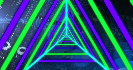 Glowing triangular frames receding into digital tunnel, with binary, schematic and circuit traces