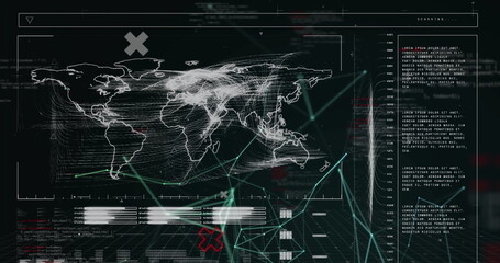 Displaying network traffic on wireframe world map in simulated dashboard, with curved flow lines