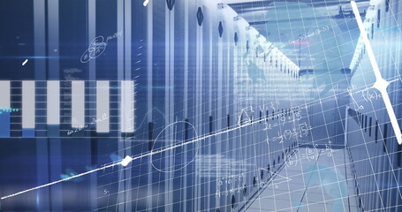 Fototapeta premium Stretching server racks down server corridor, with LED lights, network cables, digital overlays