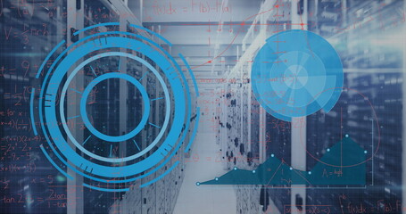 Displaying server racks in data center corridor with patch cables, raised floor and digital overlay