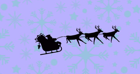 Gliding silhouette Santa Claus steering ornamental sleigh across lavender field, with reindeer team