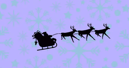 Fotobehang Gliding silhouette Santa Claus steering ornamental sleigh across lavender field, with reindeer team © vectorfusionart