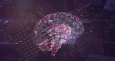 Floating holographic brain model showing glowing pathways and nodes in virtual scene with world map