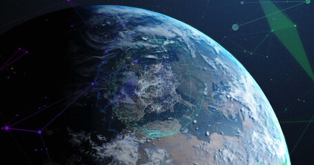 Displaying planet Earth glowing in outer space, with neon network nodes, lines and geometric shapes