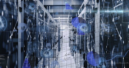 Showing central aisle stretching into distance in data center room, with server racks and overlays