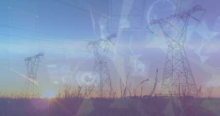Standing three transmission towers over rural grassland at sunrise, with holographic data visuals
