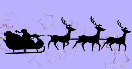 Santa Claus wearing pointed hat gliding in purple backdrop with sleigh reins, four reindeer, stars