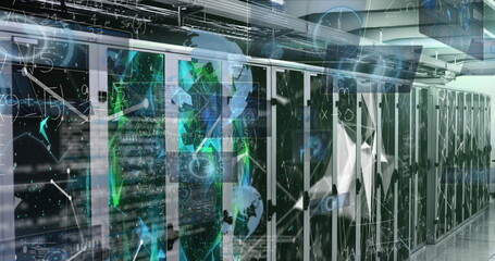 Projecting holographic nodes above server cabinets inside data center aisle, with blinking LEDs