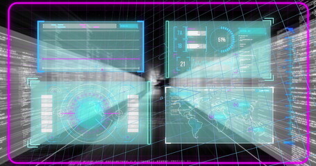 Displaying four holographic panels floating over 3D grid, with data streams and magenta frame