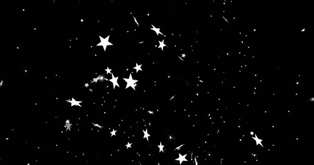 Glimmering white star shapes and dot specks forming curved pattern in black expanse, cosmic theme © vectorfusionart