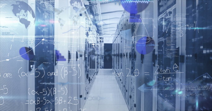 Extending central aisle flanked by server racks in server room, with floating holographic overlays - Powered by Adobe