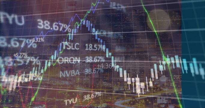 Fototapeta Overlaying night city skyline with candlesticks, green, blue line graphs, percentages, tickers
