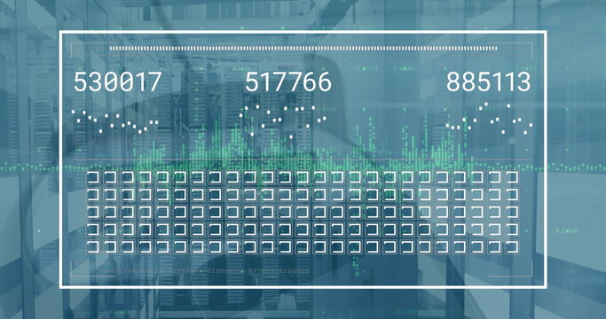 Displaying translucent digital overlay visualizing numeric labels in data center, with server racks - Powered by Adobe