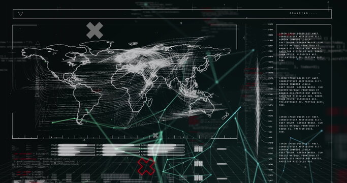 Fototapeta Displaying network traffic on wireframe world map in simulated dashboard, with curved flow lines