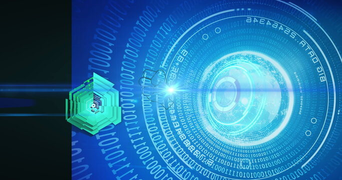 Concentric HUD interface radiating binary code in virtual environment, with 3D hexagon, copy space