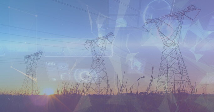 Standing three transmission towers over rural grassland at sunrise, with holographic data visuals - Powered by Adobe