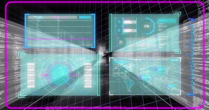 Displaying four holographic panels floating over 3D grid, with data streams and magenta frame