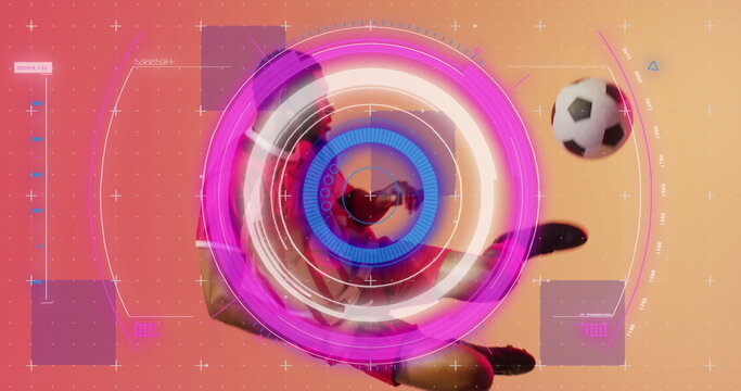 Performing bicycle kick, soccer player soaring in futuristic UI with soccer ball and HUD elements