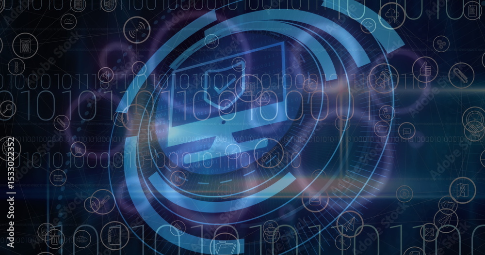 Poster image of computer icon and data processing over media icons