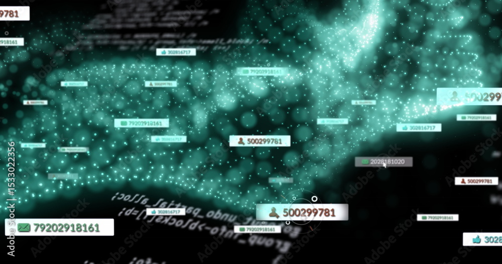 Poster pulsing cluster shimmering in dark virtual space, with glowing nodes, numeric tags and mail icons