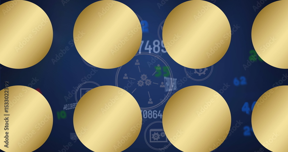 Poster Displaying eight golden circles in two rows on dashboard, with interface icons and numeric readouts